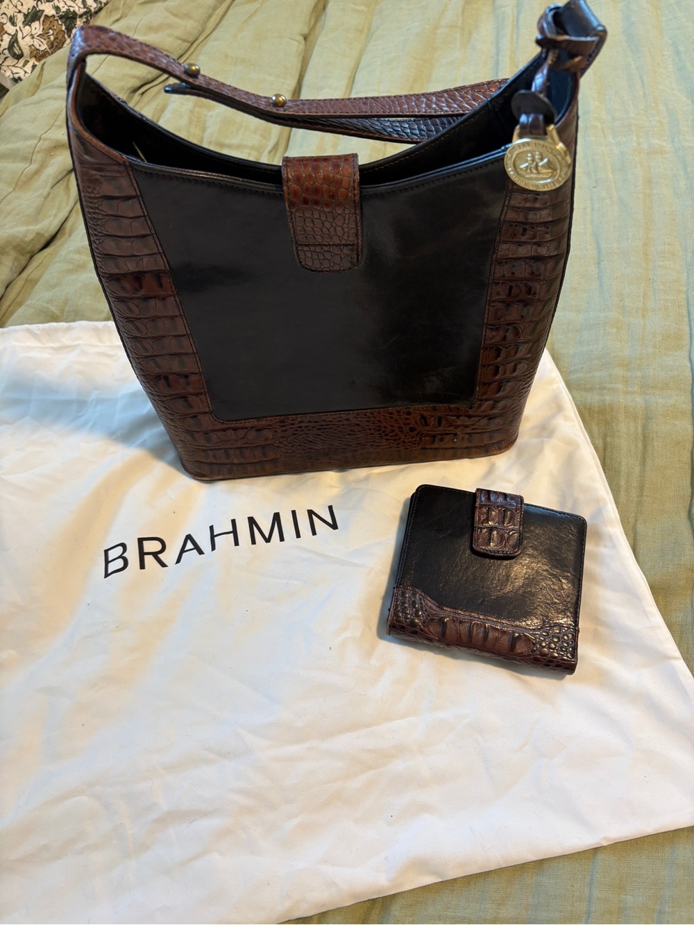Brahmin Kendall Tuscan Shoulder Bag wallet Set Vintage Handbag Leather black